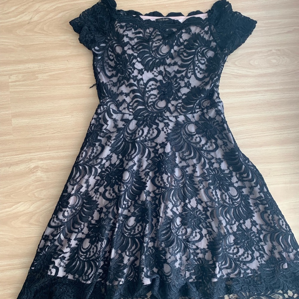 Beautiful hi low black lace overlay dress